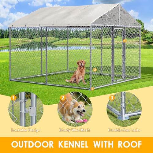 10 FT Large Outdoor Dog Kennel with Roof Heavy Duty Dog Kennel House, Galvanized Chain Link Dog Runs Pet Playpen with Waterproof UV-Resistant Cover and Secure Lock - size: 118.0"L x 118.0"W x 183.0"H
