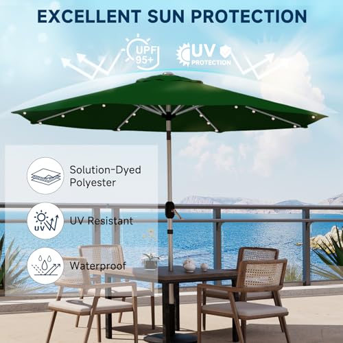 10FT 40-LED Solar Lighted Aluminum Patio Umbrella, Fade-Resistant Outdoor Market Table Umbrella with Push Button Tilt Function, 8 Sturdy All-Aluminum Ribs for Gardens, Decks, Backyards & Pools - color: Green, size: 10FT 40LED-1Tier (Aluminum Umbrella)
