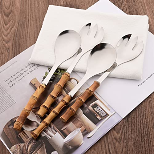 Serving Spoon and Fork Set, 304 Stainless Steel Serving Utensils with Natural Bamboo Handle, 10" Long Handle Serving Set for Kitchen Party Buffet, 4 Pieces / 2 of Each - color: 4-Piece Serving Utensils