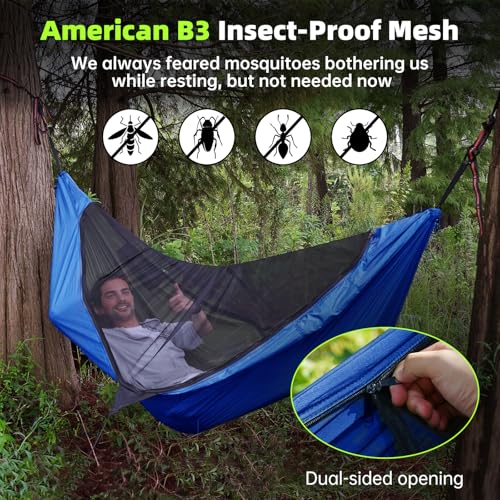Camping Hammock Mosquito Net with Rain Fly - Rain Fly Tarp & Hammock Bug Net, Portable Parachute Nylon Hammock for Outdoor, Hiking, Backpacking, Backyard, Beach, Travel (Hold Up to 500lbs) - color: Blue