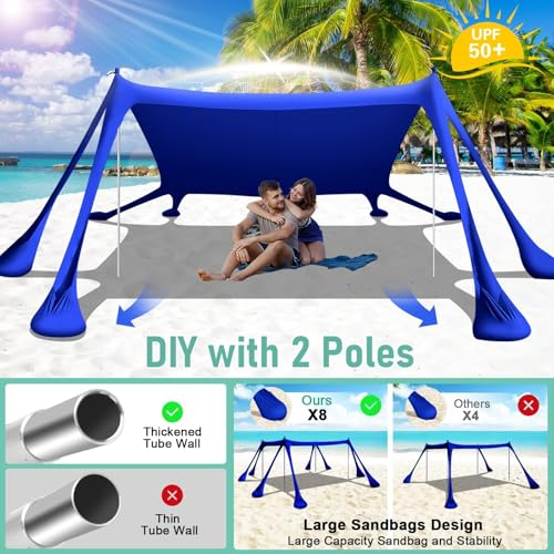 Beach Tent Sun Shelter Beach Canopy Tent Sun Shade Pop Up 10x10 UPF50+ with 8 Sandbags-2 Sand Shovel-Portable 4 Aluminum Poles-Ground Pegs-Easy Setup for Outdoor Family Camping Fishing Picnic - color: Navy