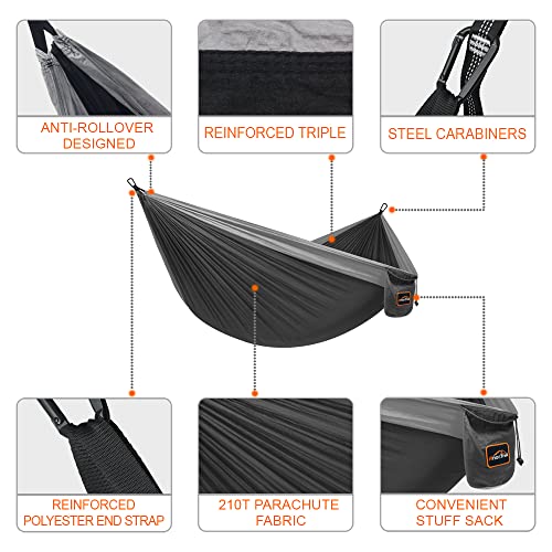 AnorTrek Camping Hammock, Super Lightweight Portable Parachute Hammock with Two Tree Straps Single or Double Nylon Travel Tree Hammocks for Camping Backpacking Hiking - color: Black&gray, size: Single 110''L x 55''W