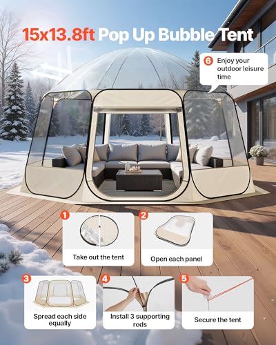 VEVOR Pop up Sports Tent, 8 Sizes Optional Clear Bubble Tent for 1-6 Person, Waterproof Outdoor Pod with Floor Mat & Top Cover, Garden Igloo Dome Tents Camping Shelter for Sports Watching - color: Clear, size: 15'L x 13.8'W x 7.2'H