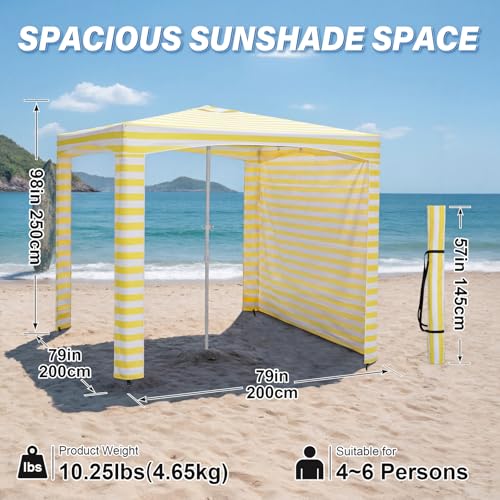 Beach Cabana-6.6x6.6’Beach Canopy with Side Wall,Portable Umbrella Tent with Sand Pockets for Family & Friends,Easy Up Beach Sun Shelter for Outdoor Patios,Backyards,and Camping,Yellow Stripes