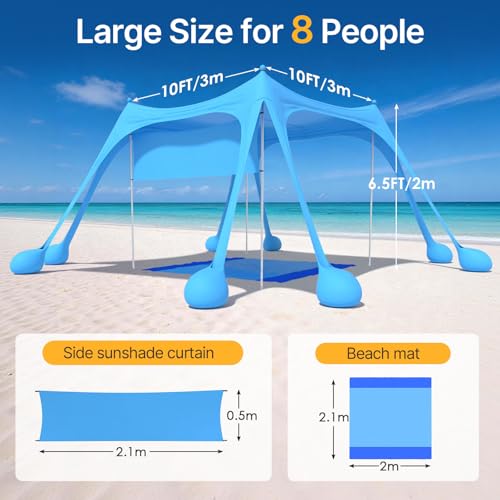HOPERAN Beach Tent Sun Shelter, UPF50+ UV Protection, 10x10FT Pop Up Shade Beach Canopy Windproof for Outdoor Camping, Fishing, Picnics with 8 Sandbags, 1 Beach Mat, 1 Sideshade, 4 Stability Poles - color: 10x10 FT Sky Blue