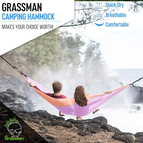 Grassman Camping Hammock Double & Single Portable Hammock with Tree Straps, Lightweight Nylon Parachute Hammocks Camping Accessories Gear for Indoor Outdoor Backpacking, Travel, Hiking, Beach - color: Purple & Pink, size: One Person