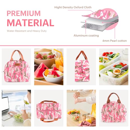 Lunch Bag for Women & Men Adult Insulated Lunch Box, Small Leakproof Cooler Food Lunch Containers Reusable High Capacity Lunch Tote Bags for Work, Travel, Outdoor (Pink Camo) - color: Pink Camo