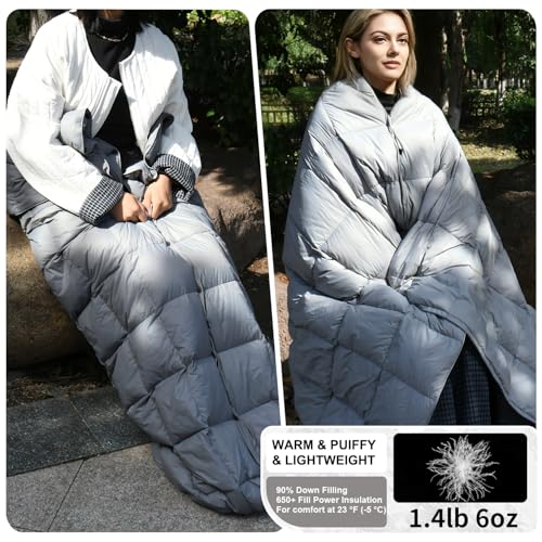 Down Camping Blanket - Lightweight, Packable, Warm & Puffy Outdoor Travel Quilt for Sleep, Hiking, Backpacking, Stadium, Festivals, Water-Resistant Sleeping Bag 55"x79" - color: Storm Gray, size: 1lb 6oz / 79" X 55"
