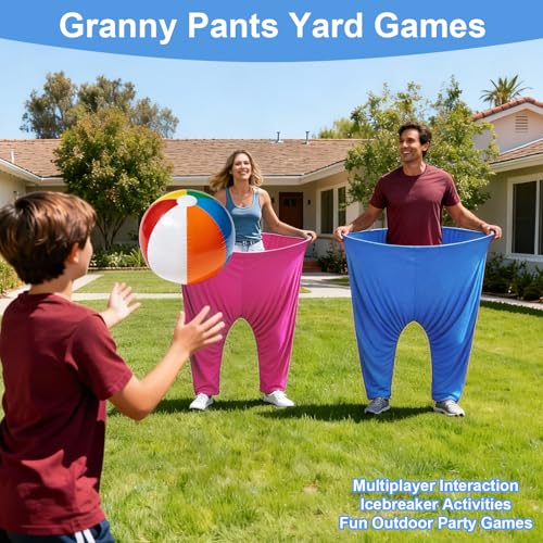 Granny Pants Yard Game Set, Oversized Pants with Bouncy Balls, Pumps & Flags, Giant Outdoor Tossing Games for Adults Family Birthday Backyard Party Team-Building Gatherings - color: Pink+Blue