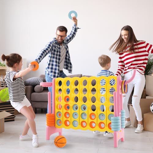 Costzon Giant 4-in-A-Row, Jumbo 4-to-Score Giant Game w/Basketball Hoop, Ring Toss, Quick-Release Slider, 42 Jumbo Rings, Indoor Outdoor Family Connect Game for Kids & Adults, Backyard Games - color: Yellow/Pink