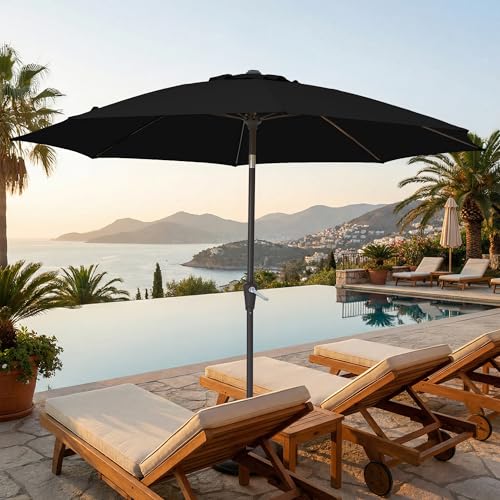 JEAREY 9FT Outdoor Patio Umbrella,Market Table Umbrella with 8 Fiberglass Ribs, Pool Umbrella with Tilt and Crank, UV Protection Lightweight & Wind-Resistant for Lawn, Garden, Deck and Backyard, Black - color: Black