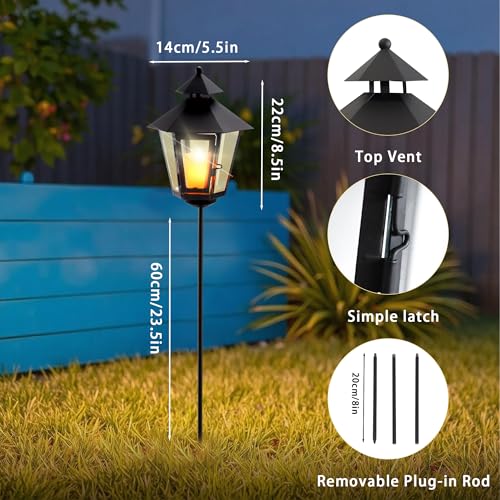 TRIROCKS 2 Pack Outdoor Landscape Lanterns 32'' H Decorative Candle Holders Metal Pathway Candle Lantern with 24''H Removable Plug-in Rod & Tempered Glass for Lawn Yard Patio Driveway Cemetery(Black)