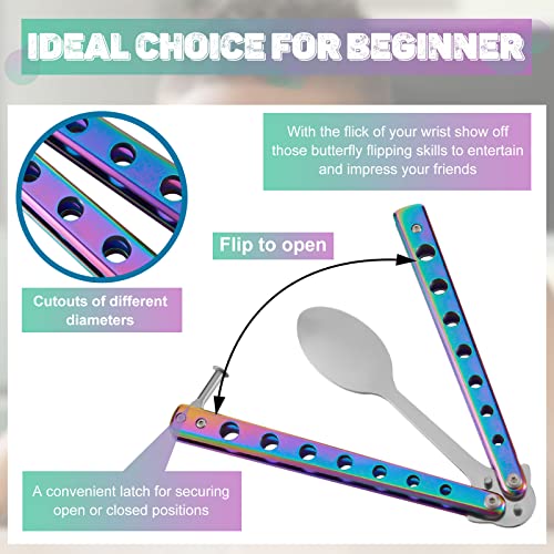 Flutesan 2 Pcs Butterfly Fork and Spoon Set, Tactical Butterfly Spoon Folding Stainless Steel Spork Utensil Set Balisong Trainer for Travel Camping Hunting BBQ Kitchen(Colorful) - color: Colorful