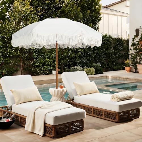 AMMSUN Boho Fringe Umbrella Outdoor Patio, 6.5ft UPF50+ Picnic Umbrella with Tassels with Steel Pole and Push Button Tilt, Antique White - color: Antique White