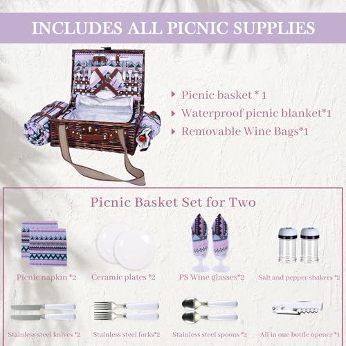 Neti Neti Wicker Picnic Basket for 2 Boho with Insulated Cooler & Waterproof Blanket – Large Willow Picnic Hamper for Outdoor, Camping, Beach, Romantic Dates, Valentine’s Day - color: Boho 1