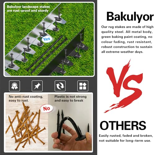 Bakulyor 16 Sets Outdoor RV Rug Stakes, 6 Inch Black Patio Mat Stakes, 6 Gauge Heavy Duty Galvanized Camp Carpet Stakes for Fixing Outside Rug, Tarps, and Camping Mat, Pop Up Camper Accessories - 6"