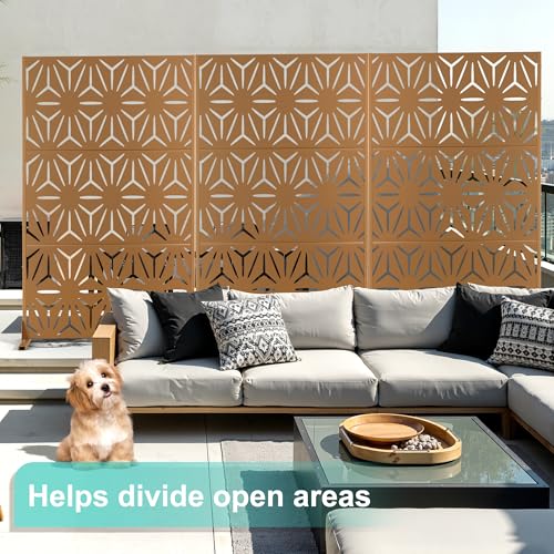 Modern Metal Privacy Screen, Patio Outdoor Privacy Panels with Stand, Freestanding Outdoor Divider for Yard, Deck＆Garden(71.3"*47.3"*15.7") - color: Brown,Star
