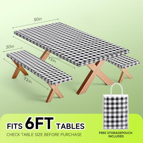 Picnic Table Cover with Bench Coversa nd Bag, Waterproof Windproof Elastic Fitted Tablecloth for 6 Foot Rectangle Tables，Washable with Elastic Edges for Outdoor Camping(Black & White, 30"x72") - color: Black&grey(checkered)