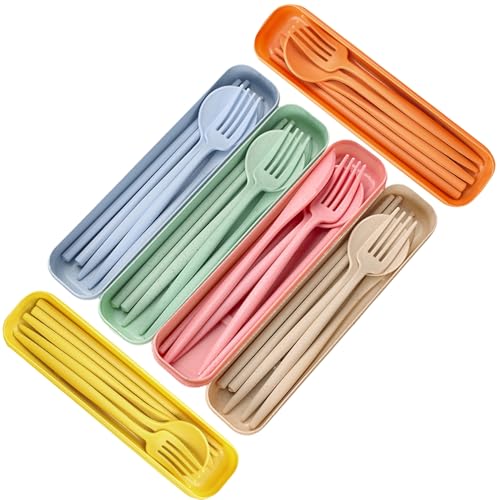 6 Sets Wheat Straw Travel Utensils Set, Reusable Cutlery with Case, Portable Camping Flatware Spoon Fork Knife for Lunch, Picnic & Office