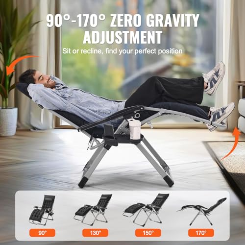 VEVOR Zero Gravity Chair, 26 inch Zero Gravity Recliner Lounge Chair for Indoor and Outdoor, Adjustable Anti Gravity Chair with Cushion, Headrest, Footrest, and Cupholder, 500 lbs, Black - color: Black, size: 26 Inch