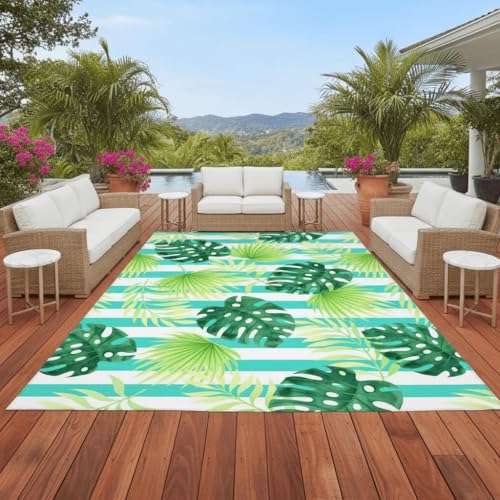 Waterproof 4x6 Outdoor Patio Rug Boho Tropical Palm Monstera Stripe Style Washable Outside Area Rugs for Porch Deck Garden Balcony Foldable RV Camping Picnic Outdoor Carpet Emerald Green - color: B, size: 4x6