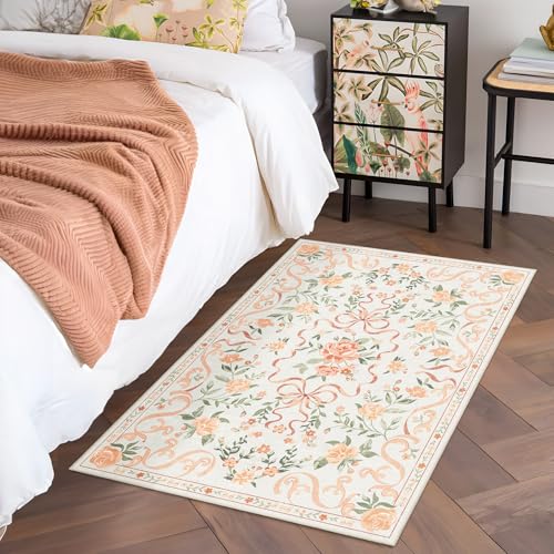 Orange Rug Bow Floral 2x3 Rug, Washable Small Area Rug for for Entryway, Kitchen, Front Door Indoor Entrance, Non Slip Carpet for Bathroom Bedroom Living Room Home Decor Floor Decoration Mat - color: Aa#orange (Bow Floral), size: 2' x 3' (Rectangular)