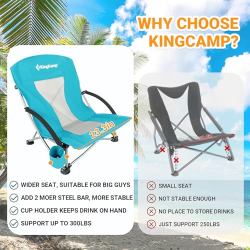 KingCamp Low Beach Chair 2 Pack Folding Portable Lightweight Backpack Chair for Adults with Cup Holder Pocket Carry Bag for Outdoor Camping Concert Festival Travel Sports Lawn Sand, Cyan - color: Cyan-low Back-2 Pack