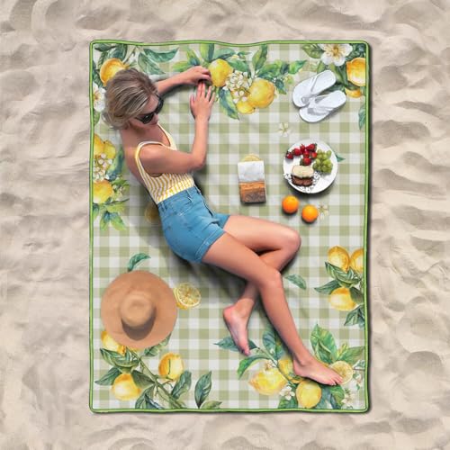 Supfitness Extra Large Picnic Blankets Waterproof Foldable (60"x 80") Boho Beach Blanket Waterproof Sandproof,3-Layer Thicking Mat Outdoor Packable Camping Blanket - color: Greenyellow, size: 5' x 6'8" (Rectangular)