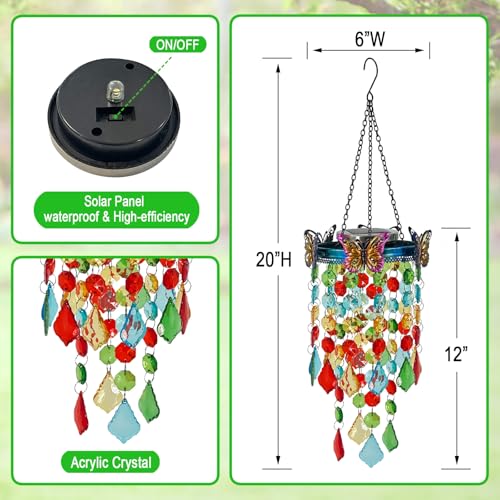 Hanging Solar Lanterns Outdoor Chandelier,Colorful Metal Butterfly with Acrylic Crystal Wind Chimes for Outside,Solar Lights Color Changing LED Outdoor Decorative for Paito,Porch,Yard - color: Butterfly