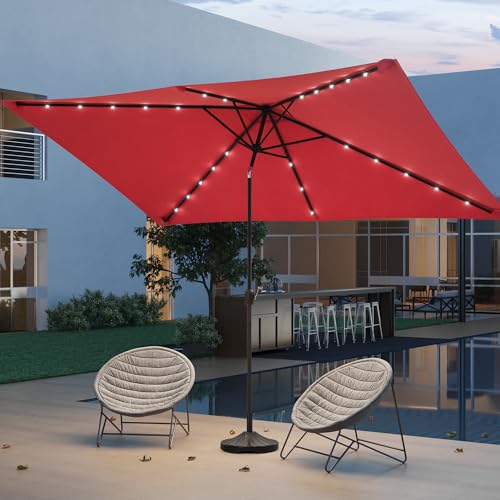 Rectangle Patio Umbrella with Solar Lights, 10 x 6.5ft Rectangular Outdoor Umbrella Table Market Patio Umbrella with Push Button Tilt and Crank for Garden, Deck, Backyard, Pool - color: Chill Red