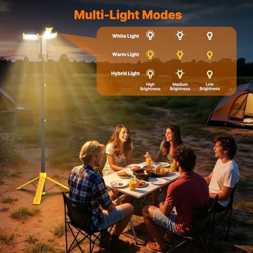 OGERY Camping Lights with Remote, 18000mAh Rechargeable Camping Lantern & LED Work Light, Detachable Tripod Stand up to 6.0 ft, 3 Lamp Heads for Camping Essentials & Emergency, Yellow - color: Yellow