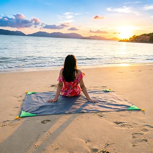 Pocket Blanket 71"x55", Lightweight Compact Sandproof Waterproof Outdoor Blanket for Beach, Hiking, Camping, Travel, Festivals, Picnic with Pockets, Loops, Stakes, Carabiner - color: Willow Green