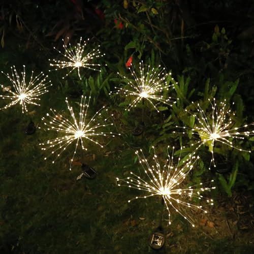 FOOING 6 Pcs Solar Garden Lights Solar Firework Lights, 200 LED String Light 2 Modes Twinkling Nightlight for Outside, Wedding, Party,Patio Home Deceration (Warm White) - style: 6 pcs-200