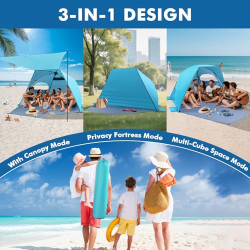 Elegear CumbreX™ Beach Tent with Canopy 4-6 Person, 1-Second Umbrella-Style Setup Pop Up Sun Shelter Shade, UPF 50+ UV Protection Four-Layer Silver-Coated Lightweight Portable Beach Cabana - Aqua Blue - color: Aqua Blue