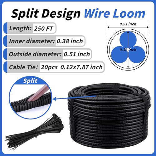 250FT Split Wire Loom Tubing, 1/2 Inch Wire Protector Tubing, Automotive Wire Flexible Conduit Cord Covers with 20 Cable Ties for Automotive Marine RV Agriculture Electrical Cable Protection - color: Black, size: 1/2in x 250ft