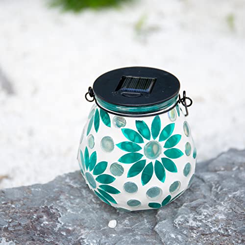 Afirst Mosaic Solar Lanterns Outdoor - Glass Hanging Solar Lights Hollow Out Waterproof Table Lamp Outdoor Decorative for Garden, Patio, Holiday Party Outdoor Decoration - style: Blue daisy