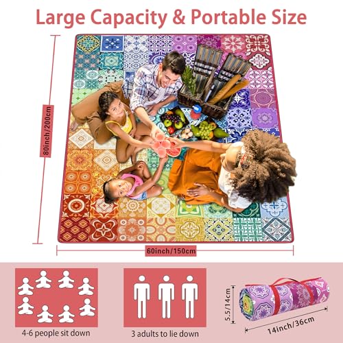 Supfitness Extra Large Picnic Blankets Waterproof Foldable (60 "x 80") Beach Blanket Waterproof Sandproof,3-Layer Thicking Mat Outdoor Packable Camping Blanket - color: Multi Color, size: 60x80in