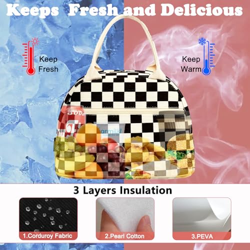 FlowFly Lunch Bag for Women Insulated Lunch Box Corduroy Lunch Tote Cooler for Travel Work Picnic,Corduroy Plaid Black - color: Corduroy Plaid White