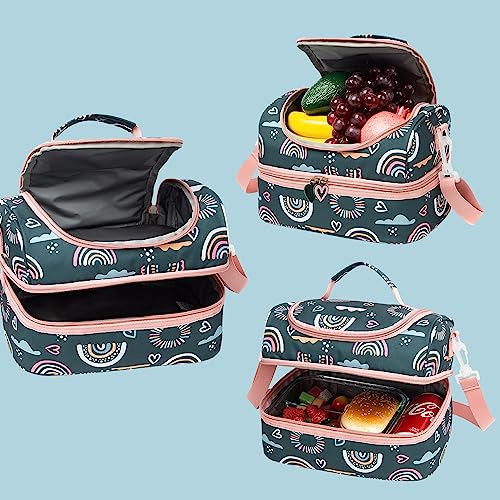 Insulated Kids Dual Compartment Lunch Bags Tote Pack for Girls Boys Toddler Kindergarten School Picnic Cooler Thermal Lunch Boxes with Strap (Green Rainbow) - color: Green Rainbow