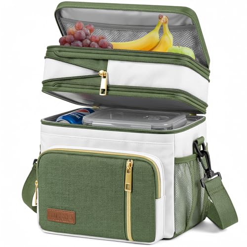 MIYCOO Lunch Bag & Lunch Box for Women Men - Double Deck Leakproof Insulated Soft Large Adult Camping Cooler Bag for Work, Beach, Picnic, Travel (Green White, 15L) - color: Green White