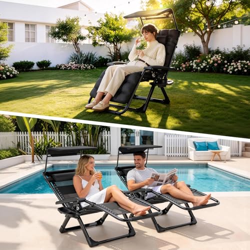 Suteck Zero Gravity Chair with Canopy, Reclining Camping Lounge Chair w/Removable Cushion, Upgraded Lock and Cup Holder, Reclining Patio Chairs Folding Recliner for Indoor and Outdoor - color: 26inch Black With Canopy