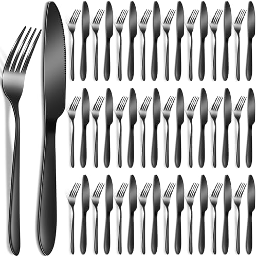 Nuenen 50 Pieces Stainless Steel Forks Silverware Set Dinner Forks and Knives Flatware Tableware Cutlery Set for Kitchen Restaurant(7.1 x 1 Inch, 8.4 x 0.7 Inch,Black) - color: Black, size: 7.1 X 1 Inch, 8.4 X 0.7 Inch