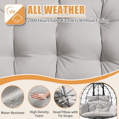 Double Egg Swing Chair with Stand - 2 Person Hammock Egg Chair for Outdoor, Patio, Garden & Balcony - Heavy-Duty Steel Frame, All-Weather Pe Rattan & Uv-Resistant Cushions (Grey) - color: Grey