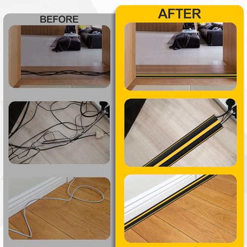 Floor Cord Cover 10Ft 2Pcs Heavy Duty PVC Floor Cable Protector Electric Cord Hider Cable Management Floor Strip Extension Cord Covers Cable Raceway for Wires on Floor Inner Channel 1.36" W x 0.43" H - color: Black & Yellow, size: 10Ft - 2PCS