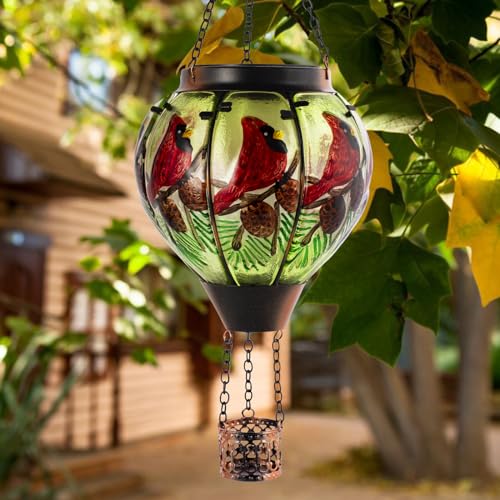 Cardinal Solar Hot Air Balloon Lantern with Flame, Glass Balloon Solar Lantern Outdoor Waterproof, Hanging Hot Air Balloon Solar Light, Cardinal Gifts for Mom Woman Christmas - color: Red