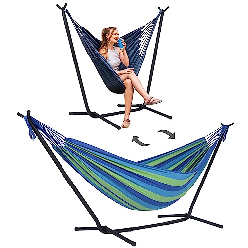 SUNCREAT 2-in-1 Hammocks Hammock Chair with Stand, 475 lbs Capacity, Heavy Duty Two Person Hammock with Stand, Patented, Blue Stripe - color: A-blue Stripe