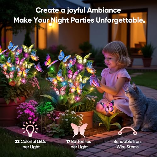 Solar Lights Outdoor Garden Decor: 2 Pack 34 Silk Butterflies with 44 Color-Changing LEDs - Auto On/Off 12H Magical Lighting IP65 Waterproof for Yard Patio Pathway - Unique Gifts for Mom Grandma - size: 2 Pack