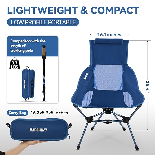 MARCHWAY Lightweight Folding High Back Camping Chair with Head Support, Stable Portable Compact for Outdoor Camp, Travel, Beach, Picnic, Festival, Hiking, Backpacking (Highback Dark Blue) - color: Highback Blue