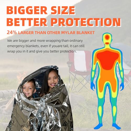 6 Pack Emergency Thermal Blankets for Survival, 82.67”x62.99” Extra Large Mylar Space Blankets, Waterproof & Windproof for Outdoor Camping, Hiking, Survival Kit, First Aid, Car Emergency