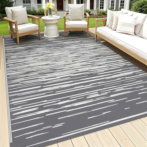 HEBE Outdoor Rug 6'x9' Waterproof, Reversible Plastic Straw Patio Rug Camping Mat, Indoor Outdoor Area Rug Carpet for Patios, Deck, Porch, RV, Camping, Picnic, Balcony - color: Stripe/Grey, size: 6' x 9' (Rectangular)